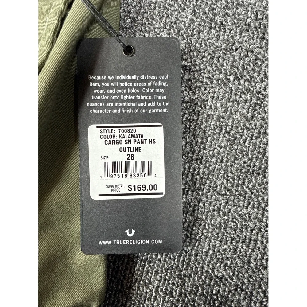 True Religion Kalamata Cargo SN Pant HS‎ Outline Olive Green White Stitch 28